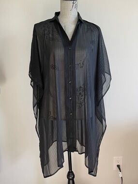 Cover Me Paris Postcard Sheer Metallic Button Down Cover Up S/M